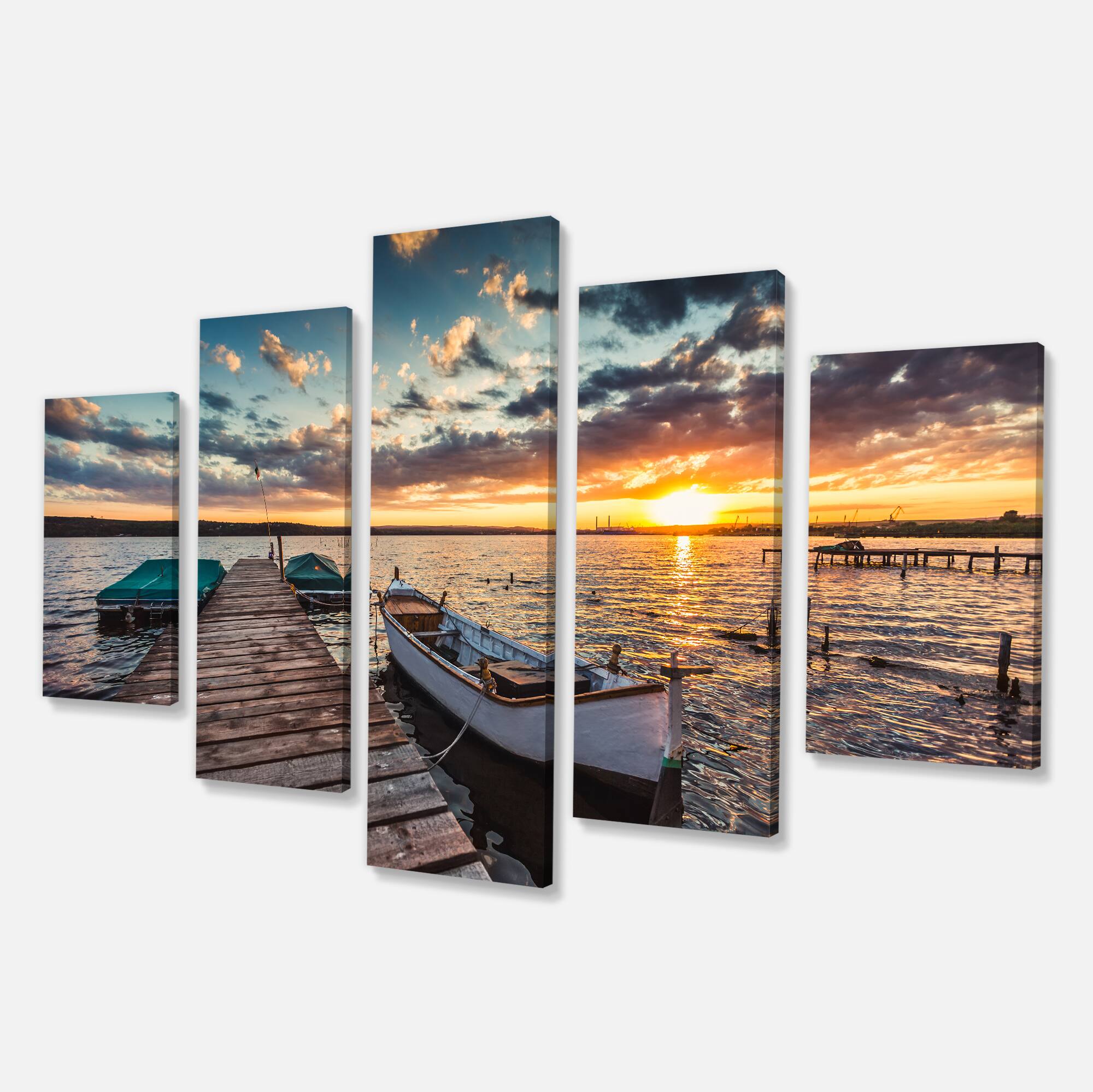 Designart - Boats and Jetty under Dramatic Sky - Large Modern Canvas Art Print